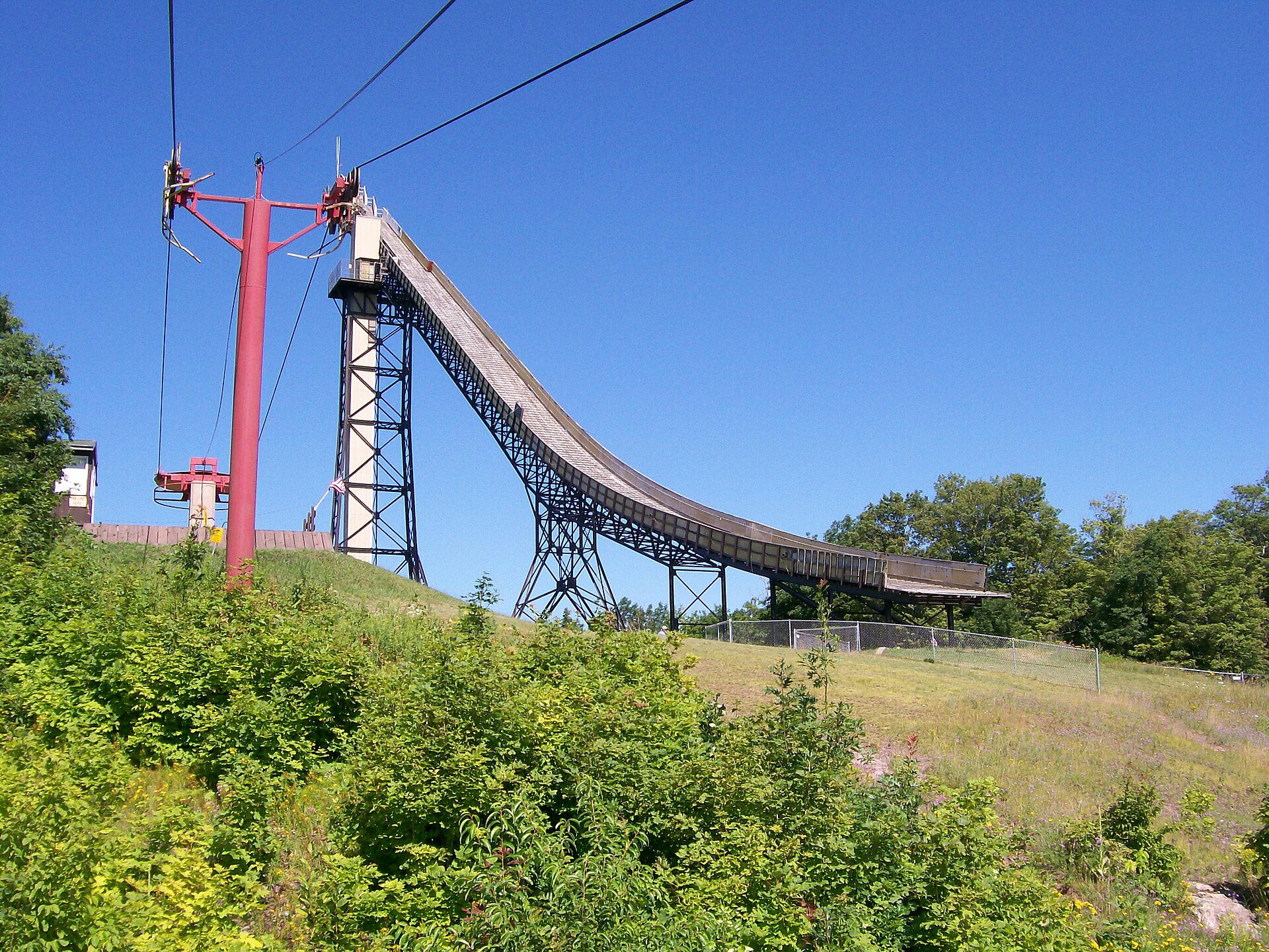 The steel in-run of the Copper Peak ski flying hill rising above the chairlift near Ironwood, Michigan