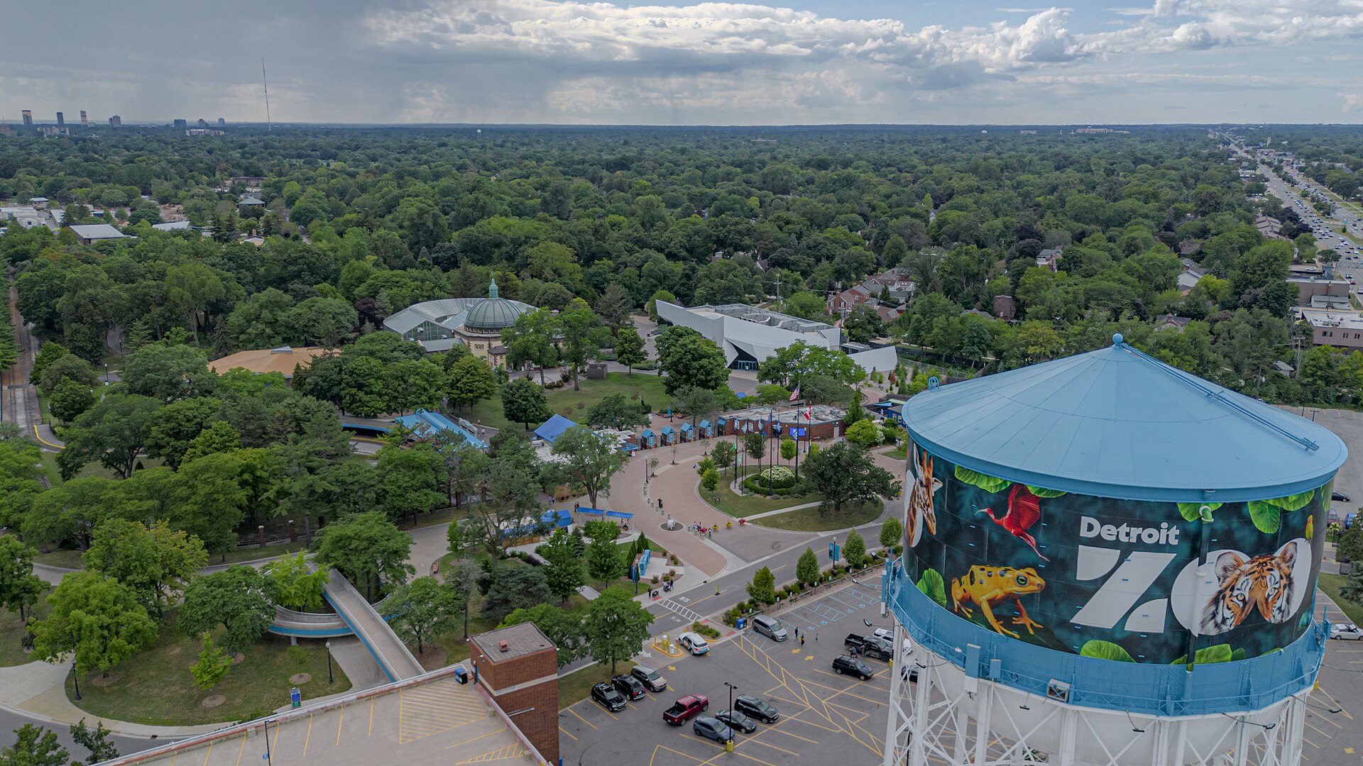 Aerial view of the Detroit Zoo in Royal Oak with its painted water tower and tree-covered grounds