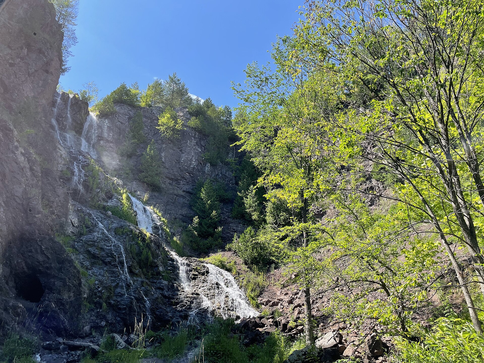 Houghton-Douglass Falls cascading 110 feet down a rocky volcanic gorge near Laurium, Michigan