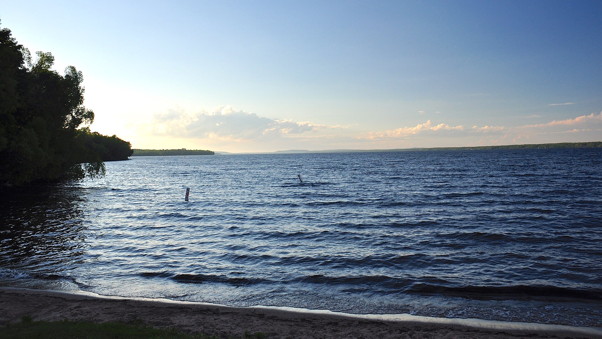 Evening light over the open water of Lake Gogebic from the beach at Lake Gogebic State Park