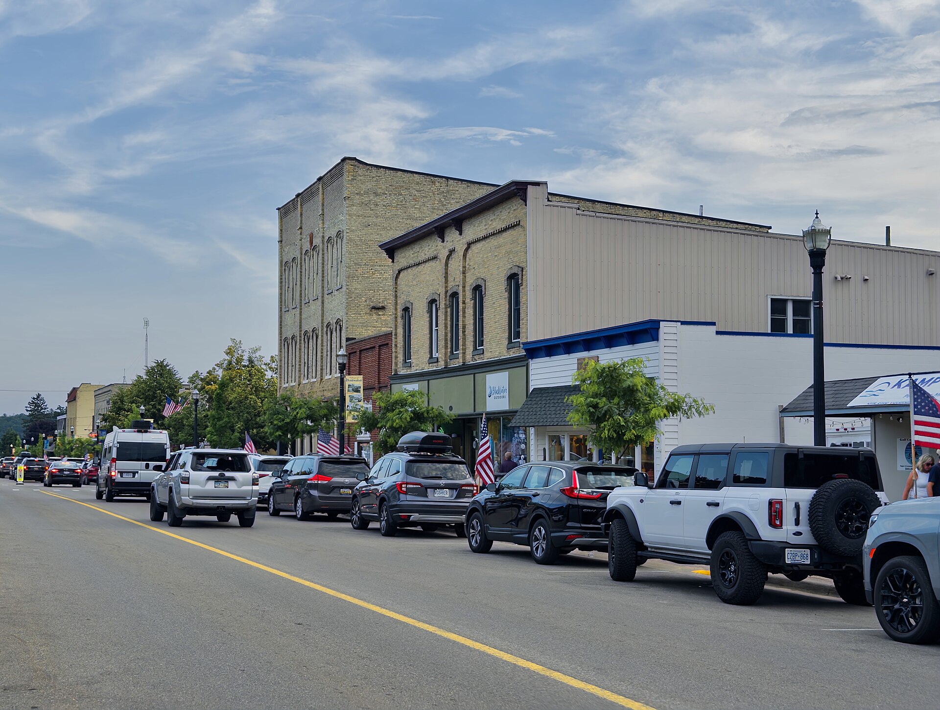 Shops along the main street of downtown Pentwater, Michigan, in summer
