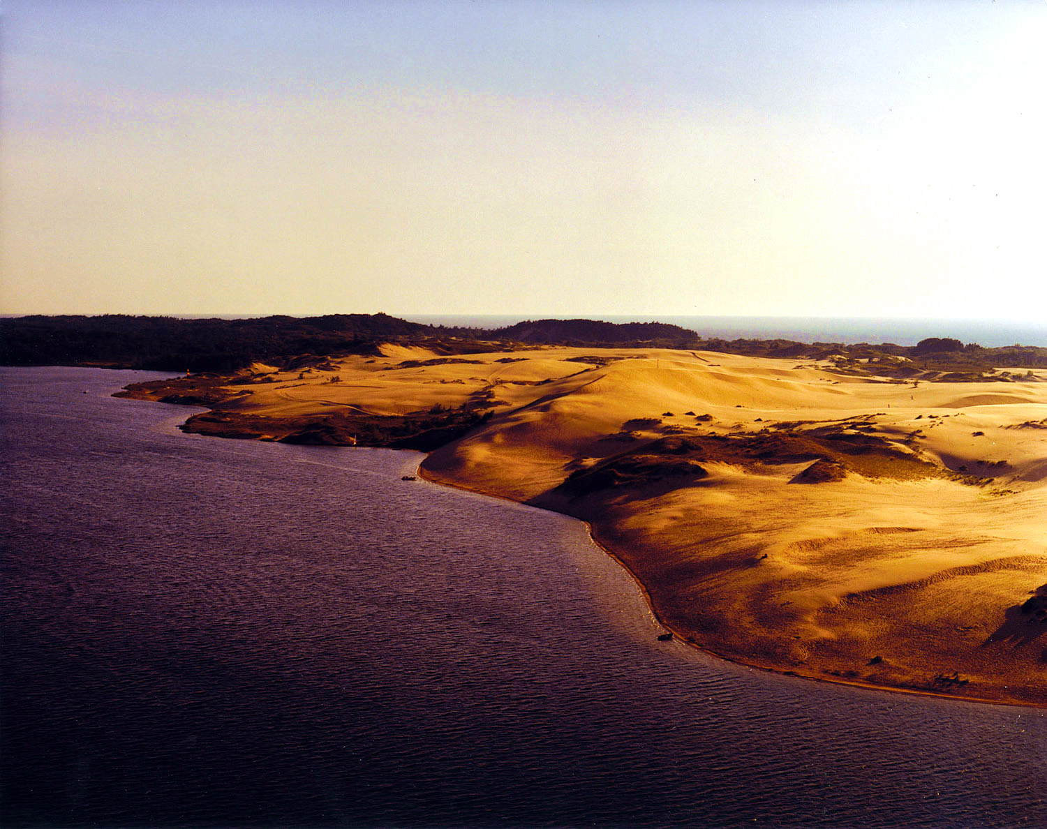 Aerial view of golden sand dunes rising beside Silver Lake at Silver Lake State Park near Mears, Michigan
